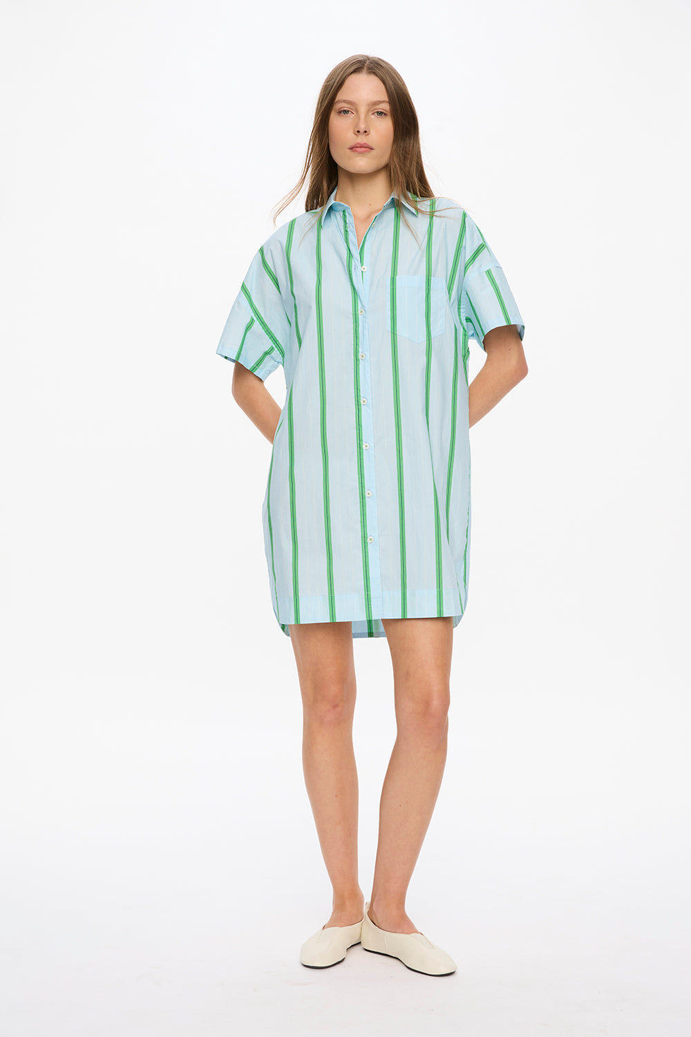 Chiara Short Sleeve Mini Dress - Stripes - Delicate Blue/White/Light Verde/Navy