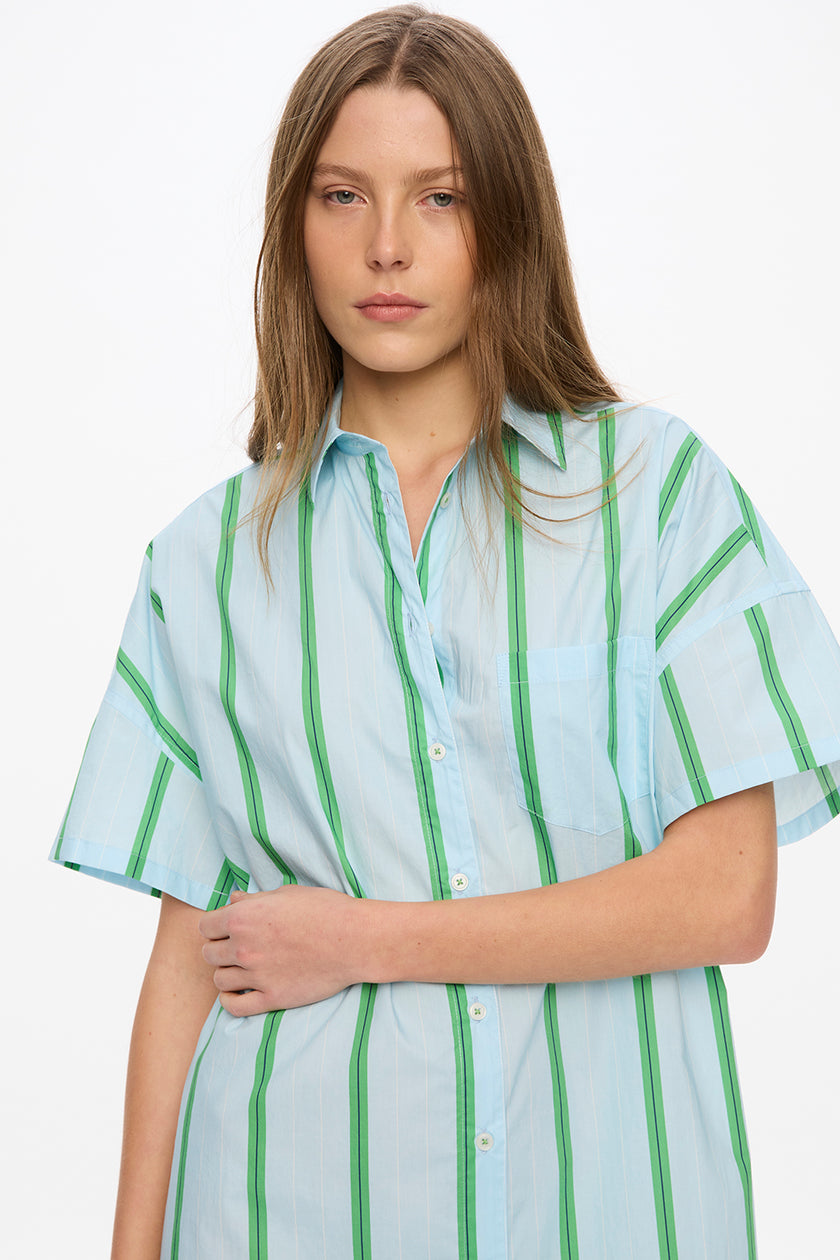 Chiara Short Sleeve Mini Dress - Stripes - Delicate Blue/White/Light Verde/Navy