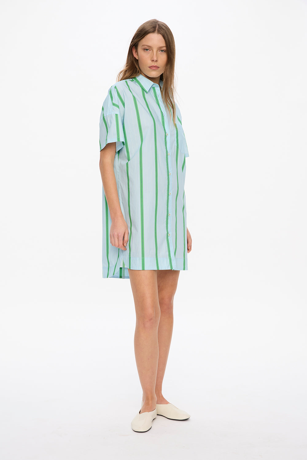 Chiara Short Sleeve Mini Dress - Stripes - Delicate Blue/White/Light Verde/Navy