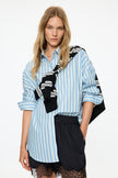 Mara Oversized Long Sleeve Shirt - Sky/Navy/White