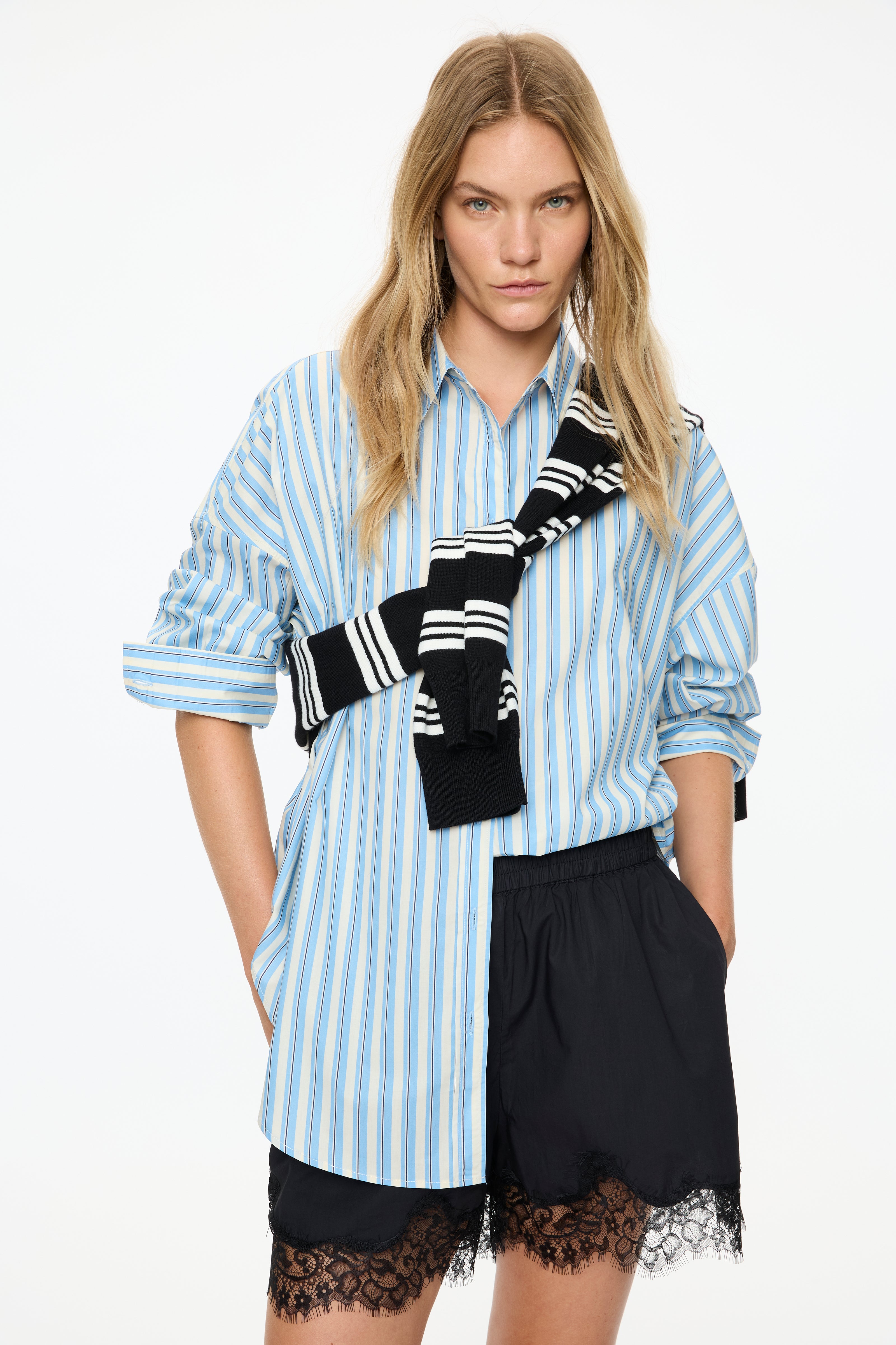 Mara Oversized Long Sleeve Shirt - Sky/Navy/White