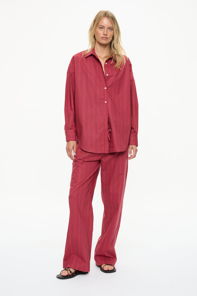 Mara Oversized Long Sleeve Shirt - Stripes  Sangria/Ultra Red Stripe
