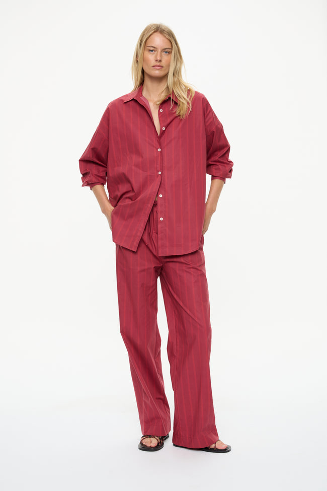 Mara Oversized Long Sleeve Shirt - Stripes  Sangria/Ultra Red Stripe