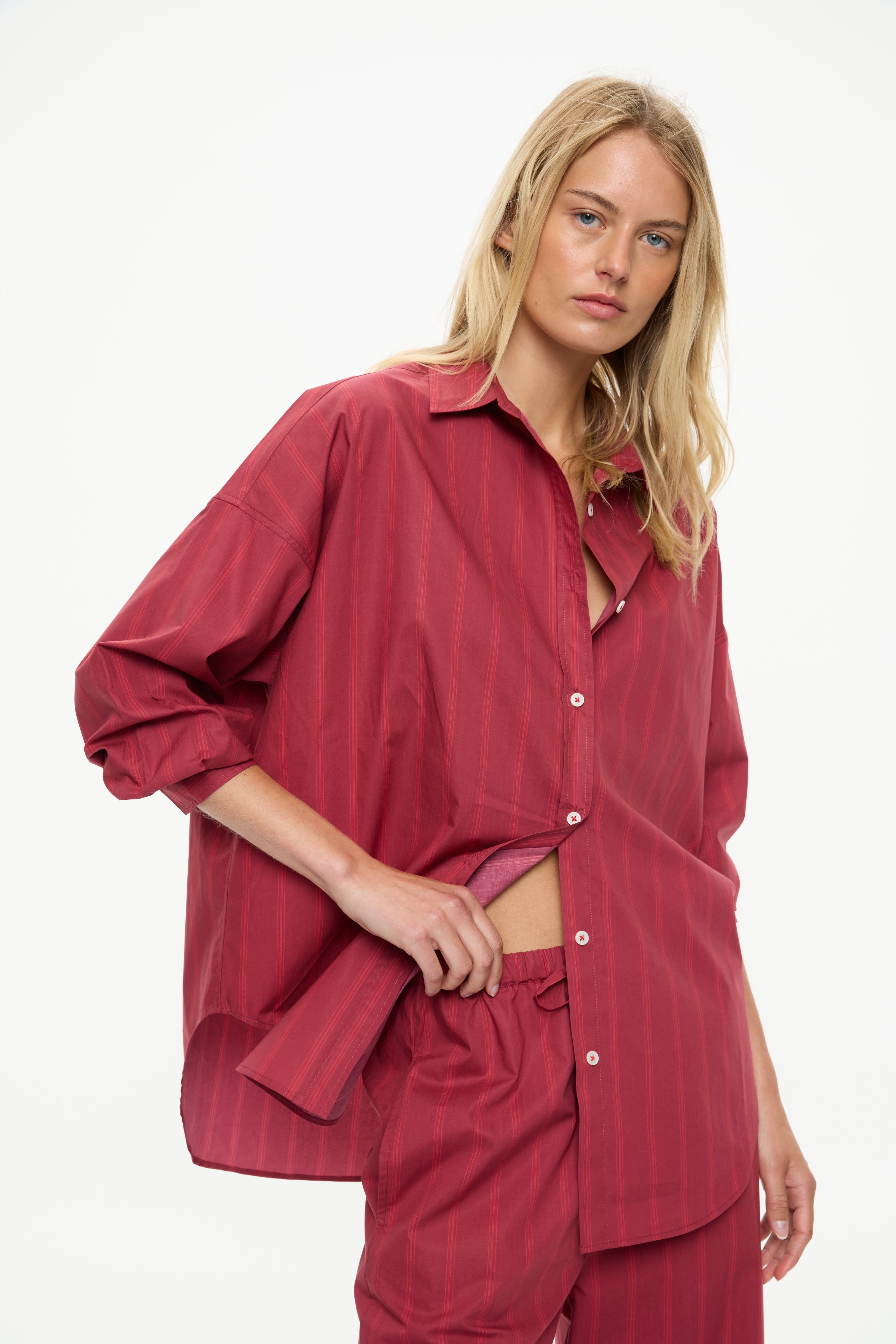 Mara Oversized Long Sleeve Shirt - Stripes  Sangria/Ultra Red Stripe