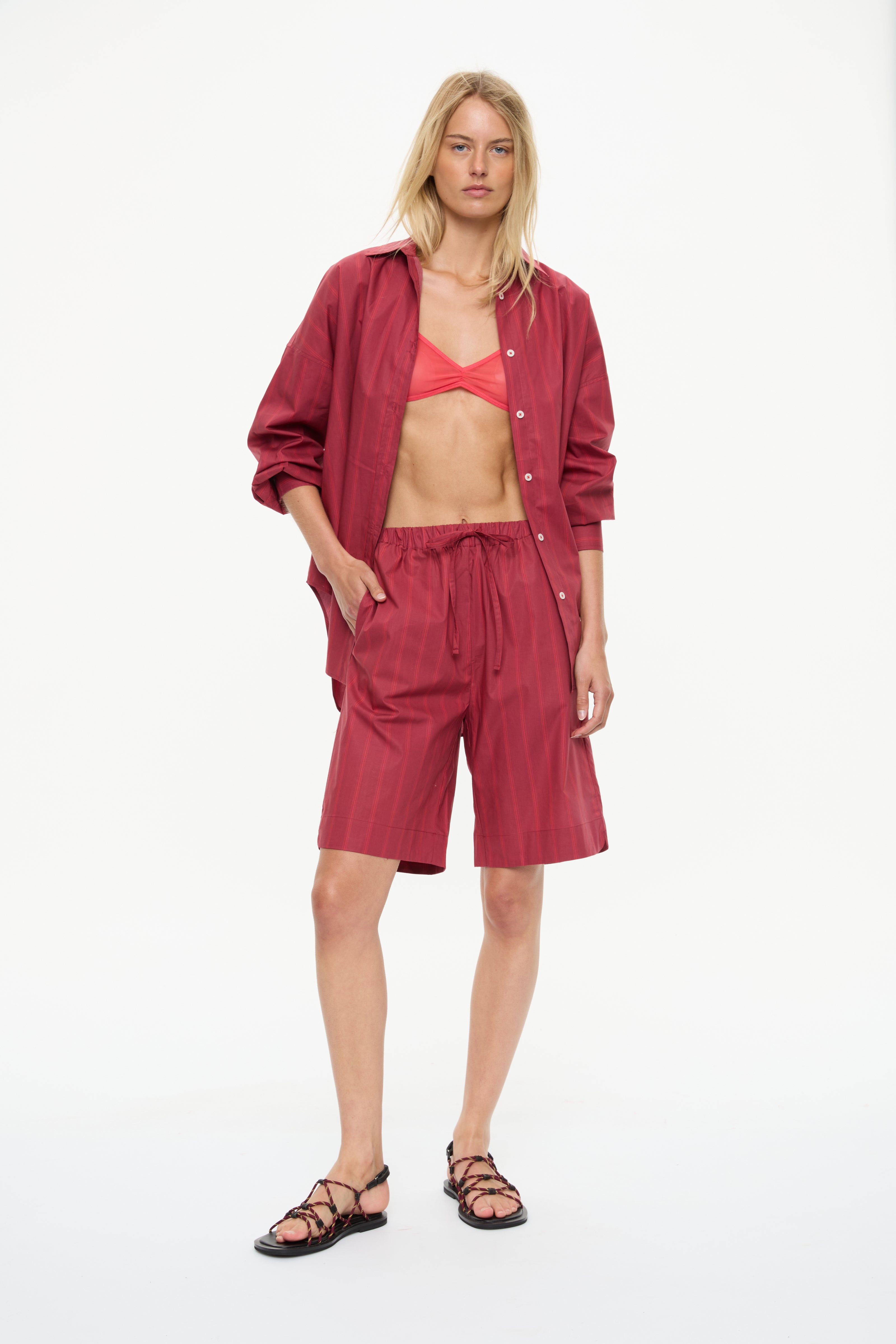 Mara Oversized Long Sleeve Shirt - Stripes  Sangria/Ultra Red Stripe