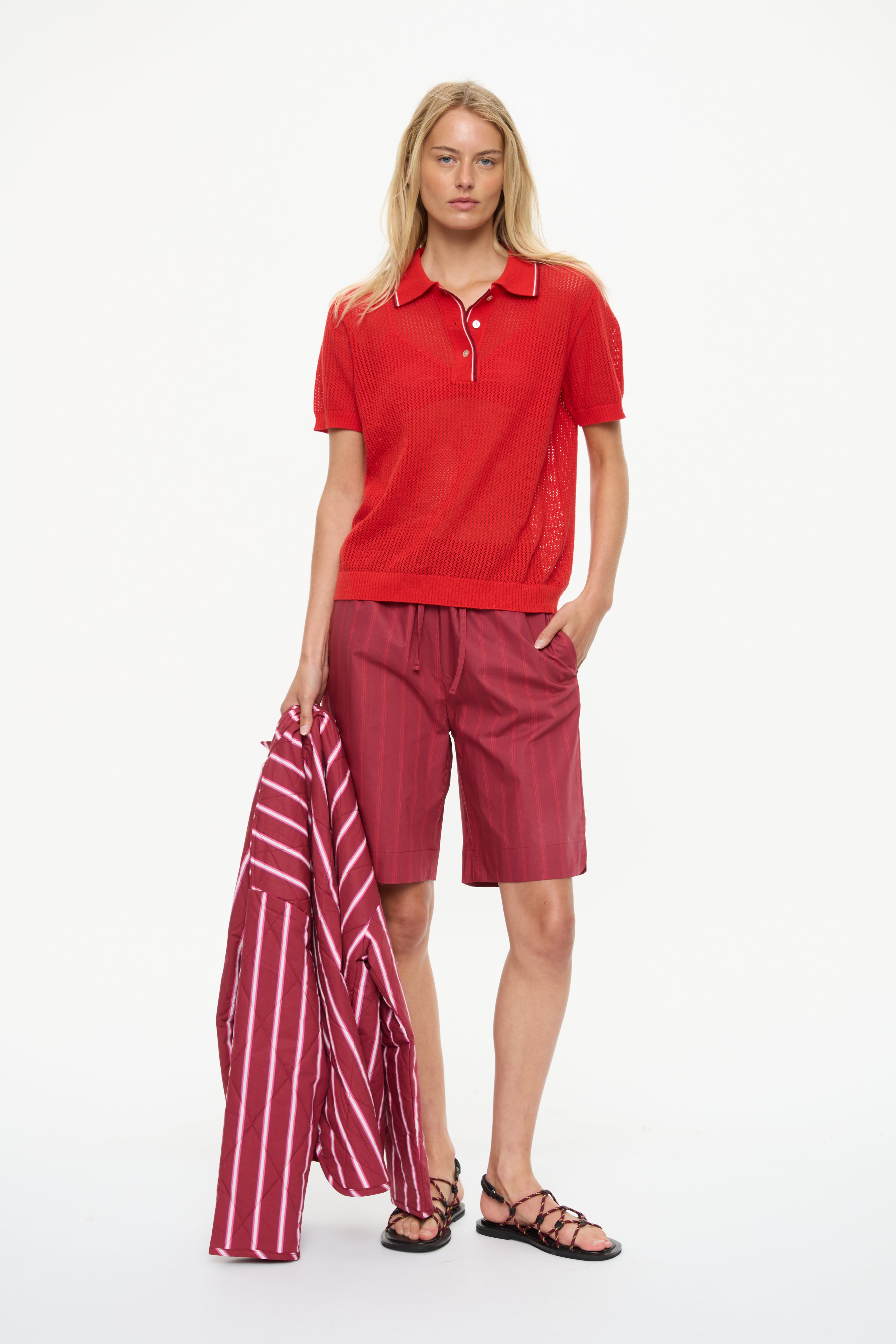 Mara Drawstring Mid Lenght Shorts - Cotton  Sangria/Ultra Red Stripe