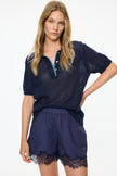 Thea Pointelle Polo - Navy + Azure/Natural Tipping
