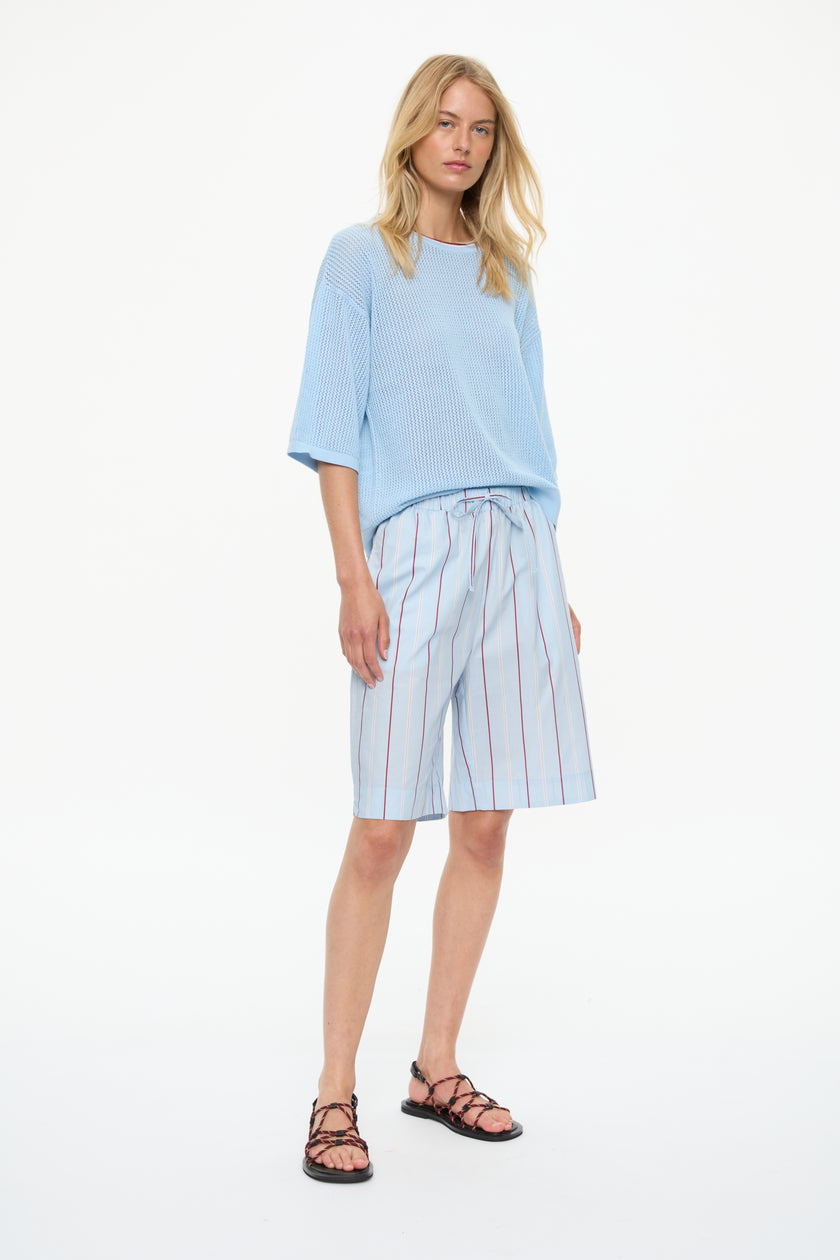 3/4 Sleeve Pointelle knit tee Sky + White/Sangria neck bind tipping