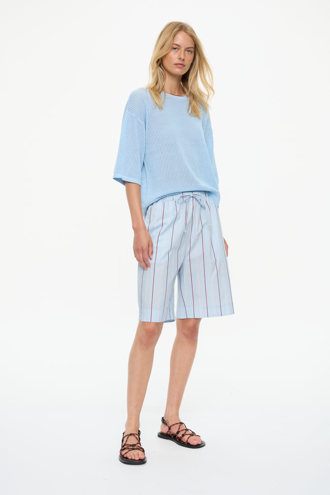 Mara Drawstring Mid Lenght Shorts - Cotton  Sky/Sangria/White Stripe