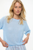 3/4 Sleeve Pointelle knit tee Sky + White/Sangria neck bind tipping