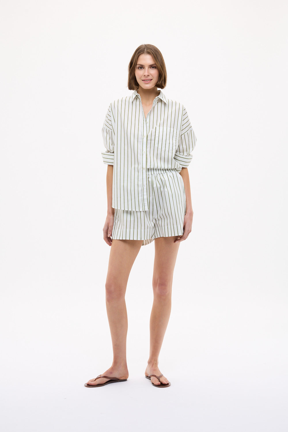 Chiara Long Sleeve Shirt Stripe - Natural/Dark Olive/Sunny Lime