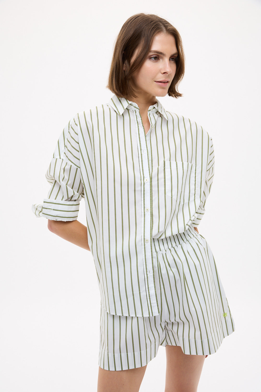Chiara Long Sleeve Shirt Stripe - Natural/Dark Olive/Sunny Lime