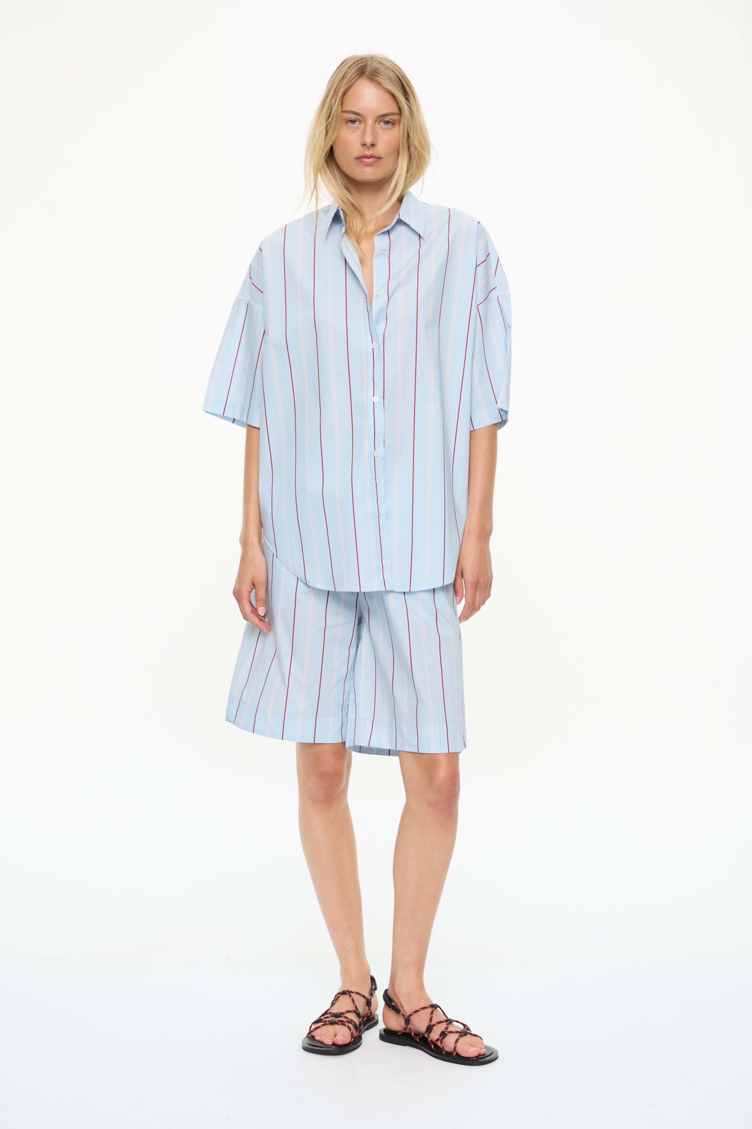 Mara Drawstring Mid Lenght Shorts - Cotton  Sky/Sangria/White Stripe