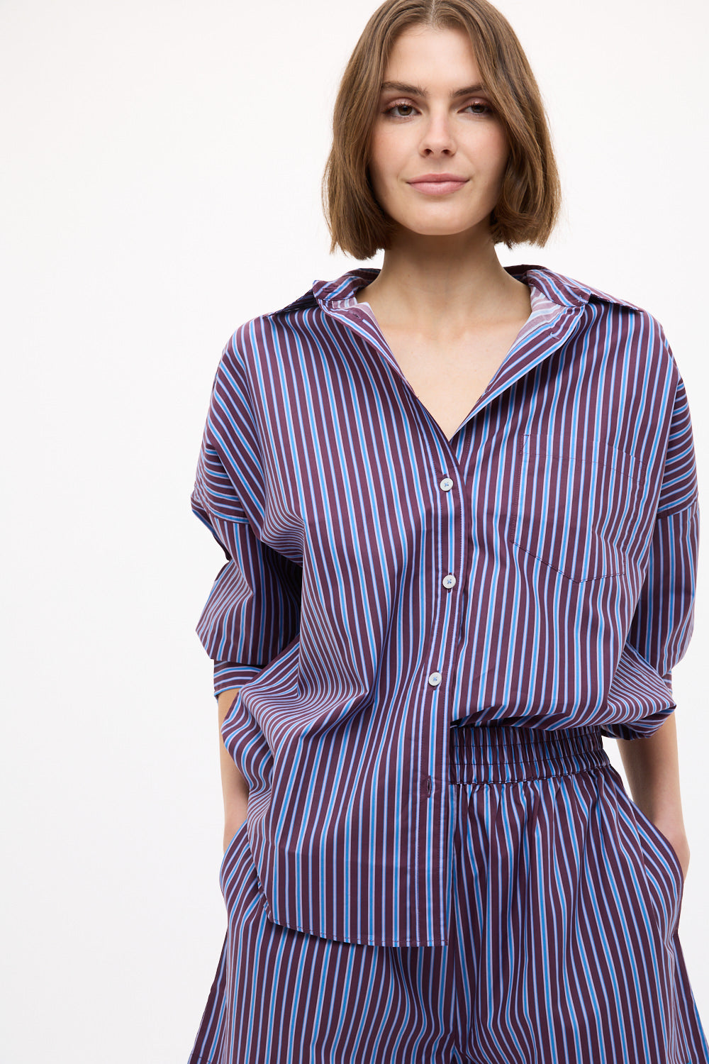 Chiara Long Sleeve Shirt Stripe - Fig/Ink Blue/ Pastel Lilac
