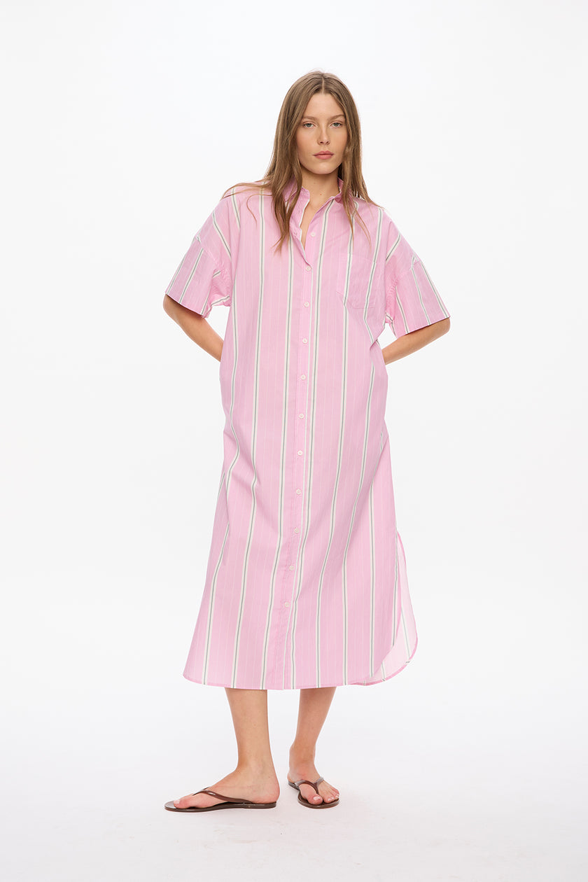 Chiara Short Sleeve Maxi Dress + Button Back - Bubble Gum/White/Teal/Olive