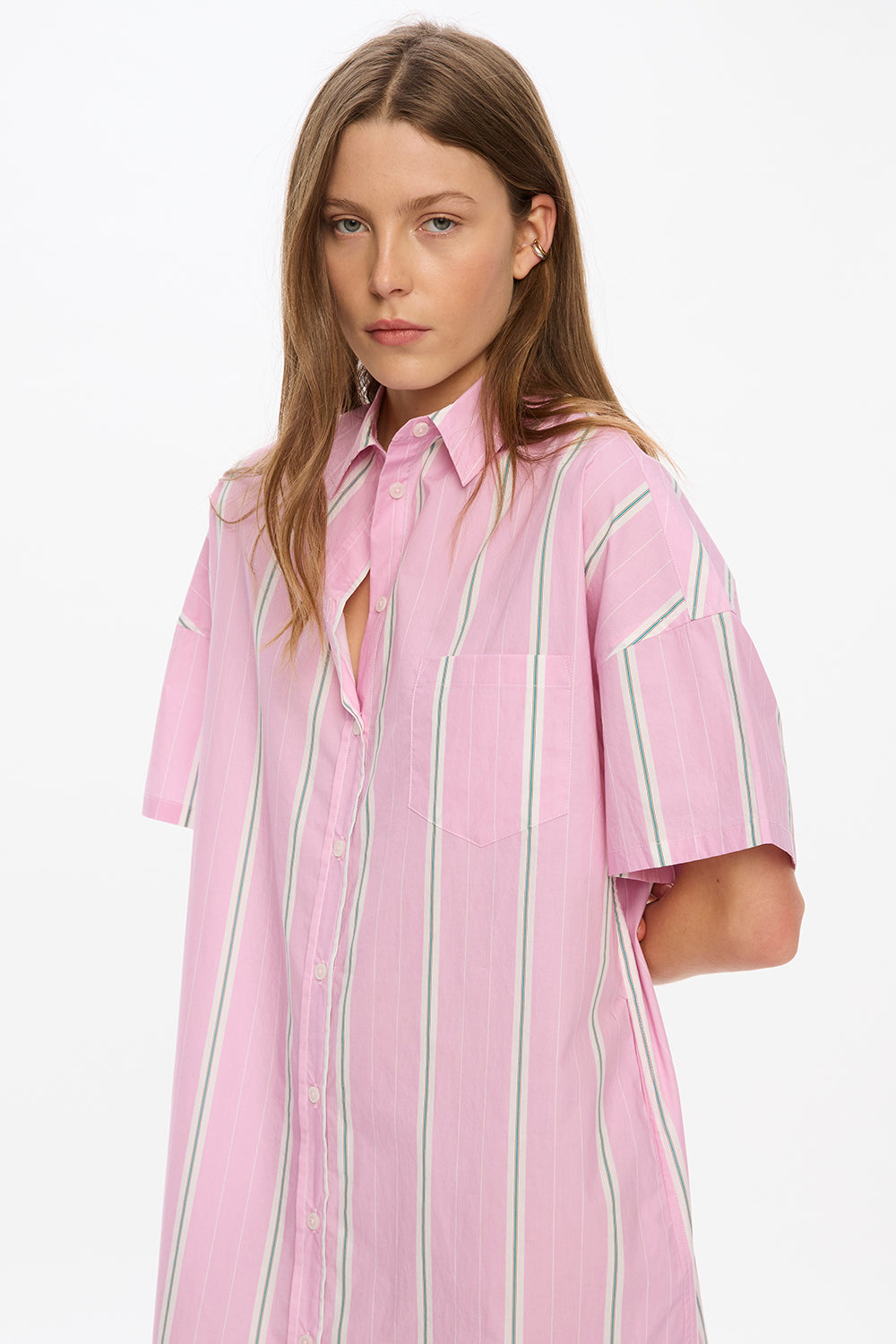 Chiara Short Sleeve Maxi Dress + Button Back - Bubble Gum/White/Teal/Olive