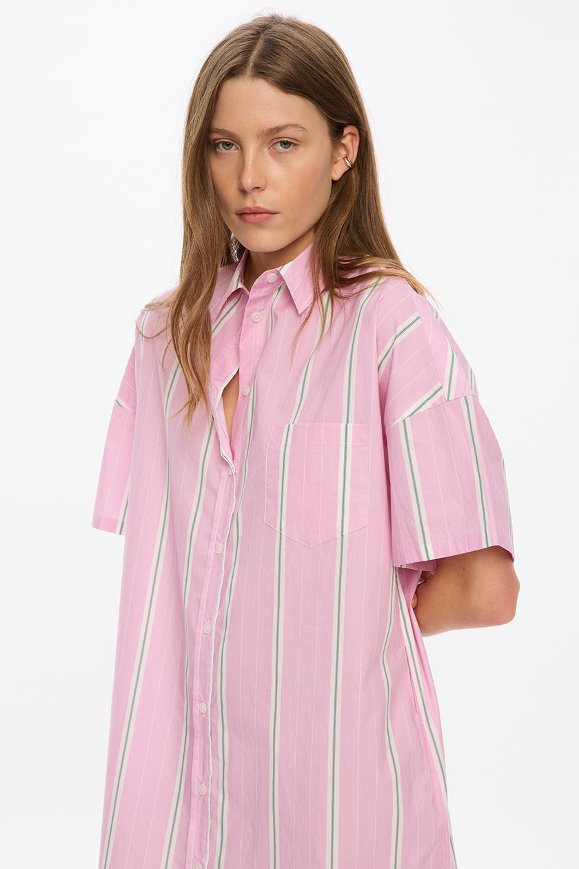 Chiara Short Sleeve Maxi Dress + Button Back - Bubble Gum/White/Teal/Olive