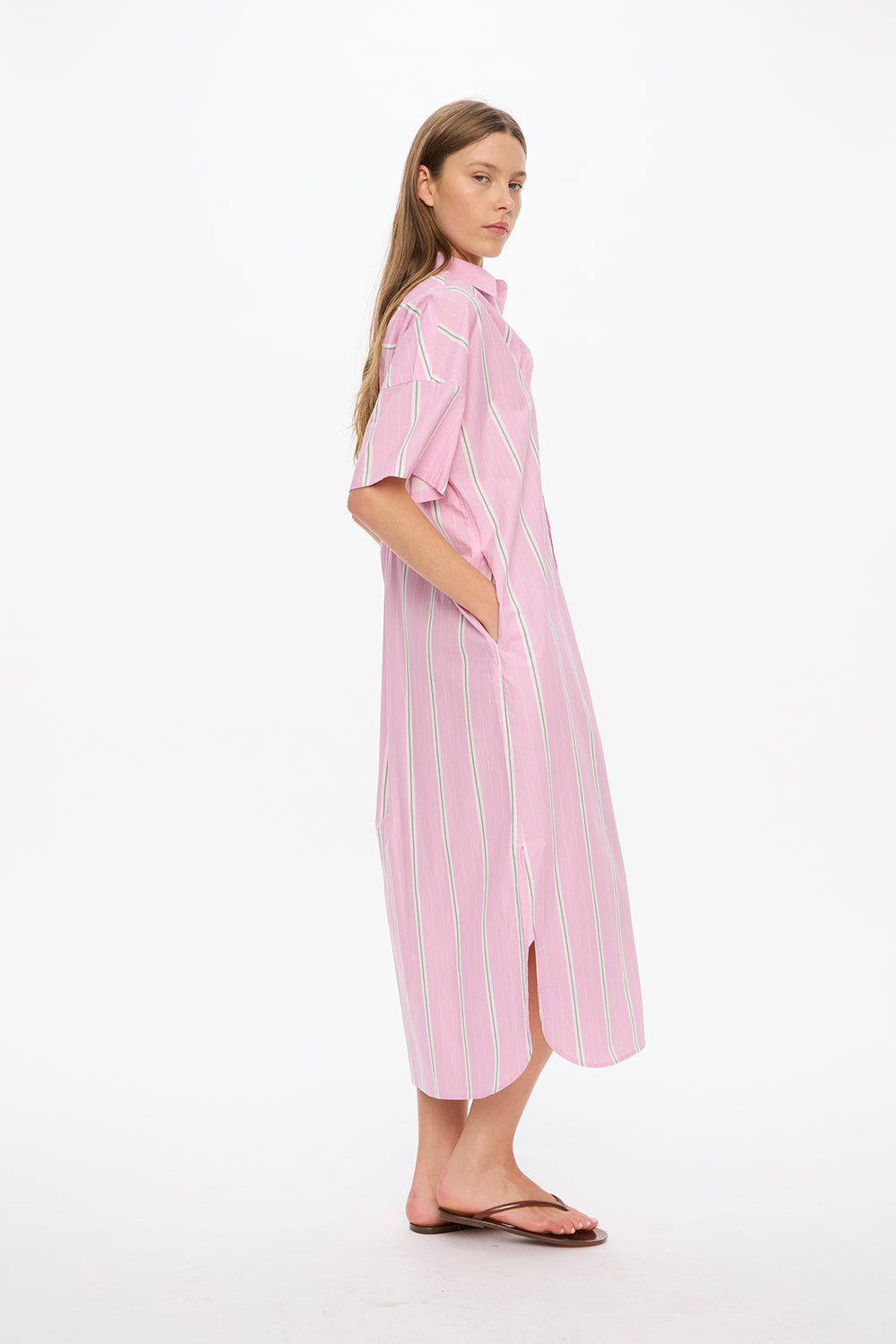 Chiara Short Sleeve Maxi Dress + Button Back - Bubble Gum/White/Teal/Olive