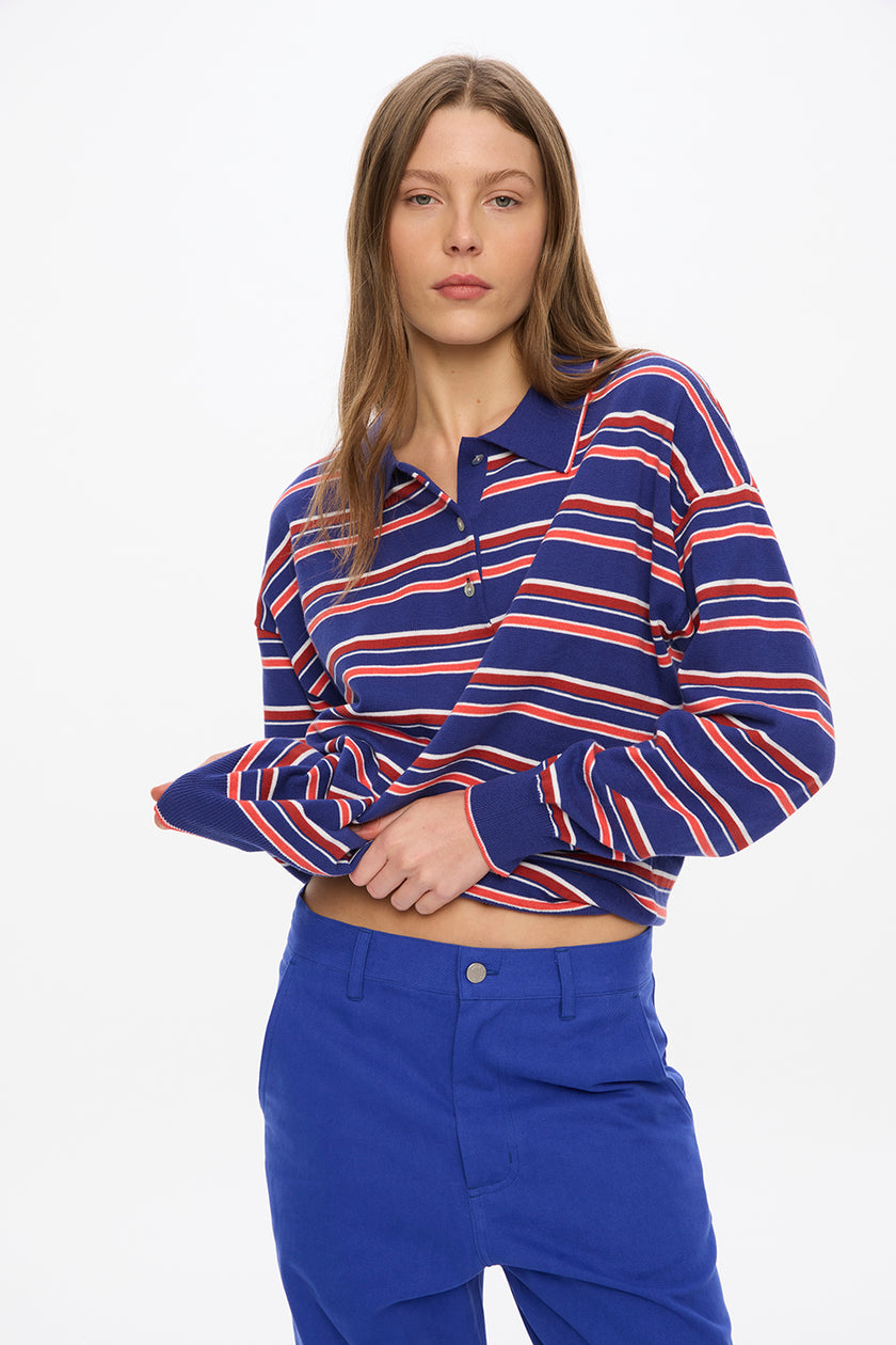 Alto Long Sleeve Stripe Polo - Indigo/Tile/Hot Coral/White