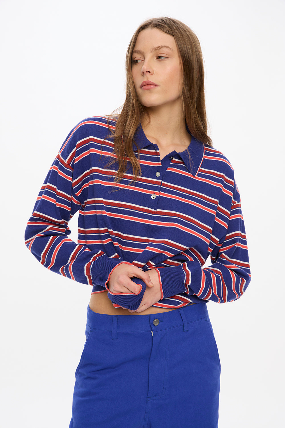 Alto Long Sleeve Stripe Polo - Indigo/Tile/Hot Coral/White