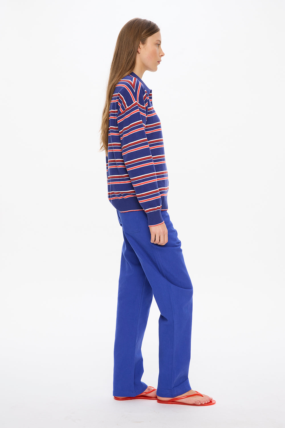 Alto Long Sleeve Stripe Polo - Indigo/Tile/Hot Coral/White