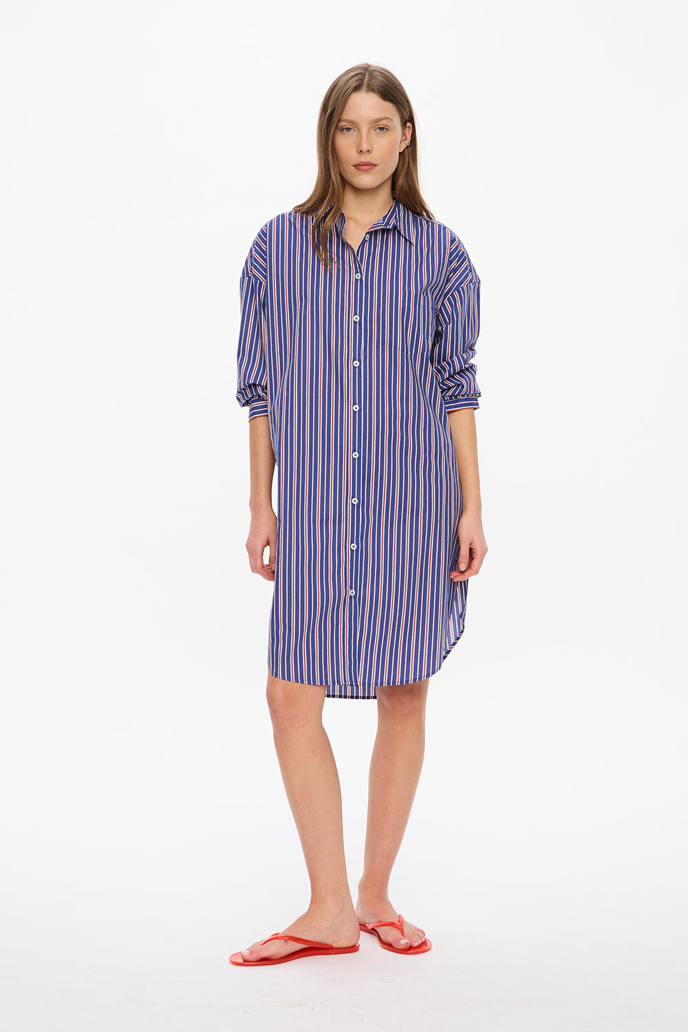 Chiara Long Sleeve Midi Dress - Stripes	Indigo/Teal/White
