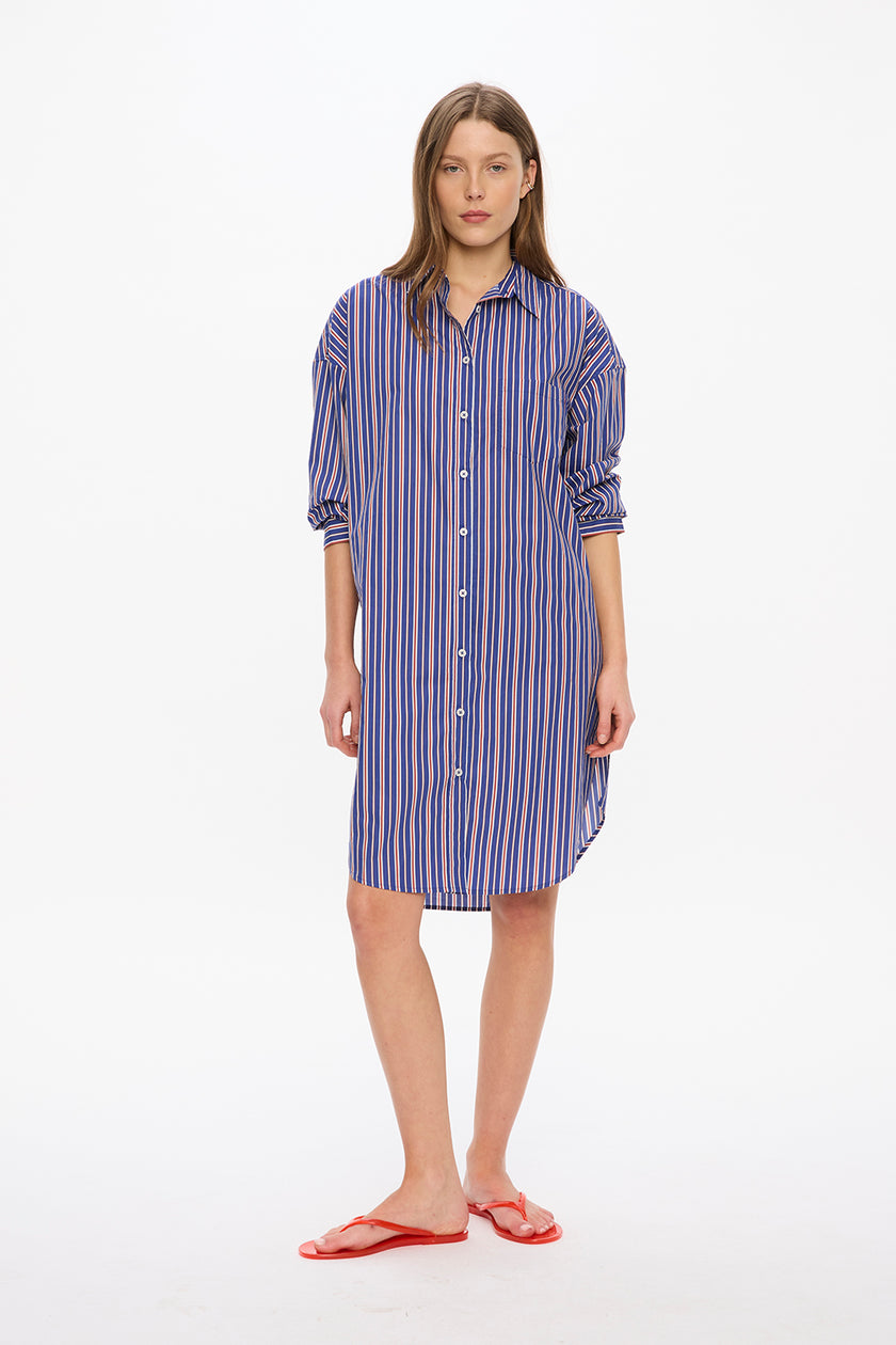 Chiara Long Sleeve Midi Dress - Stripes	Indigo/Teal/White