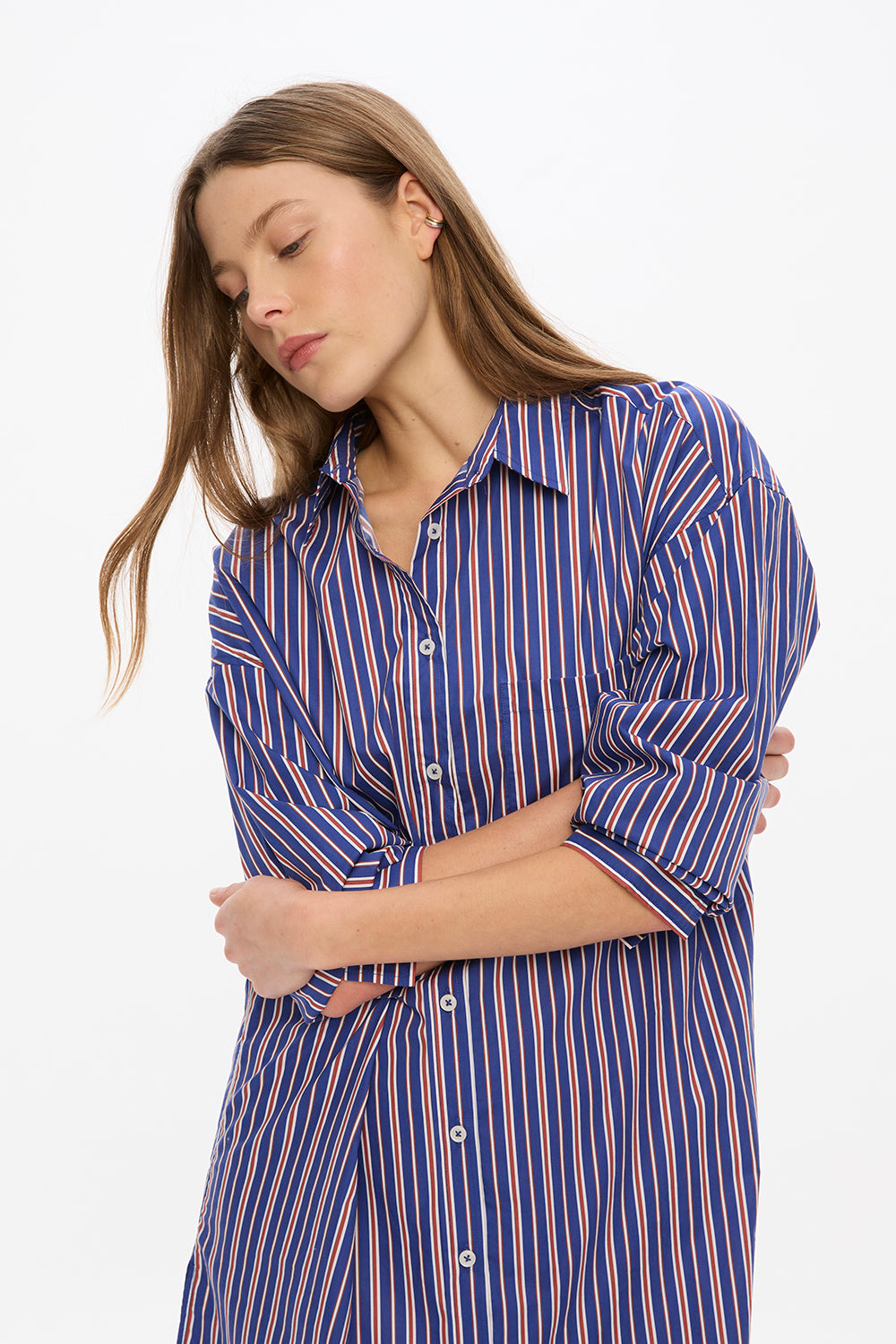 Chiara Long Sleeve Midi Dress - Stripes	Indigo/Teal/White
