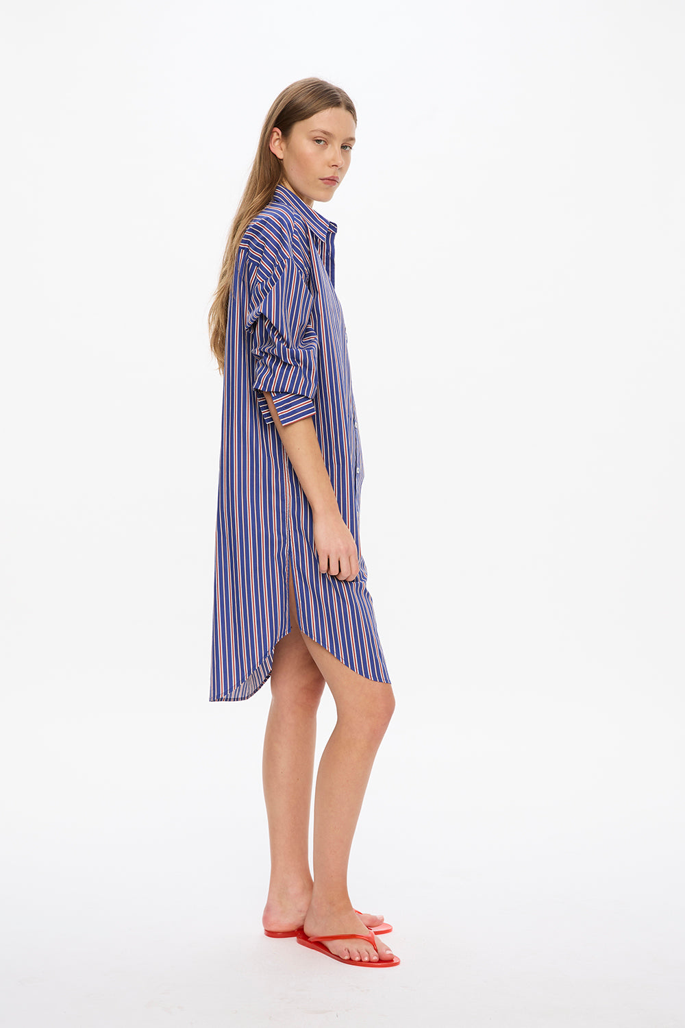 Chiara Long Sleeve Midi Dress - Stripes	Indigo/Teal/White