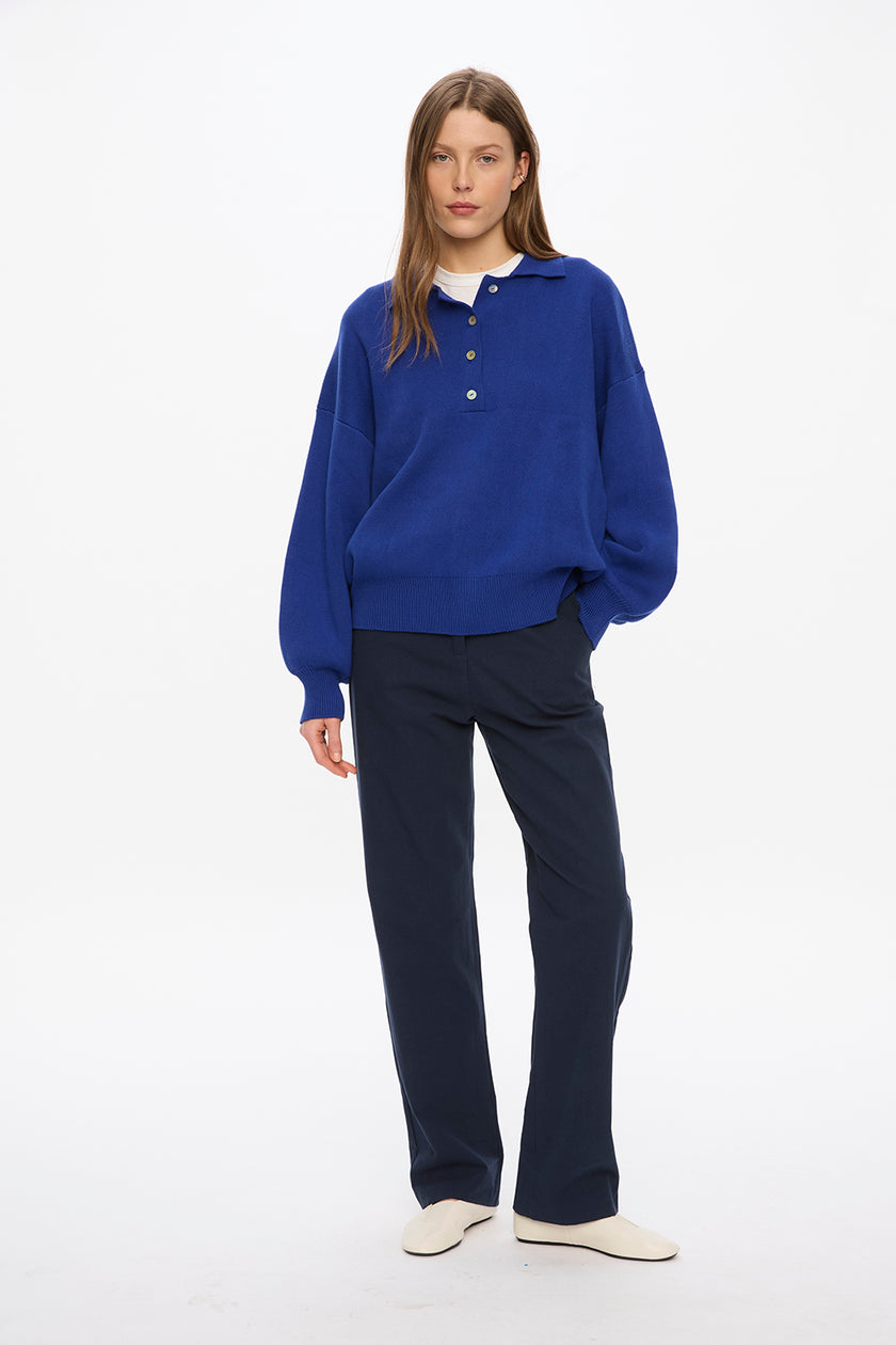 Balloon Sleeve Polo Knit - Indigo