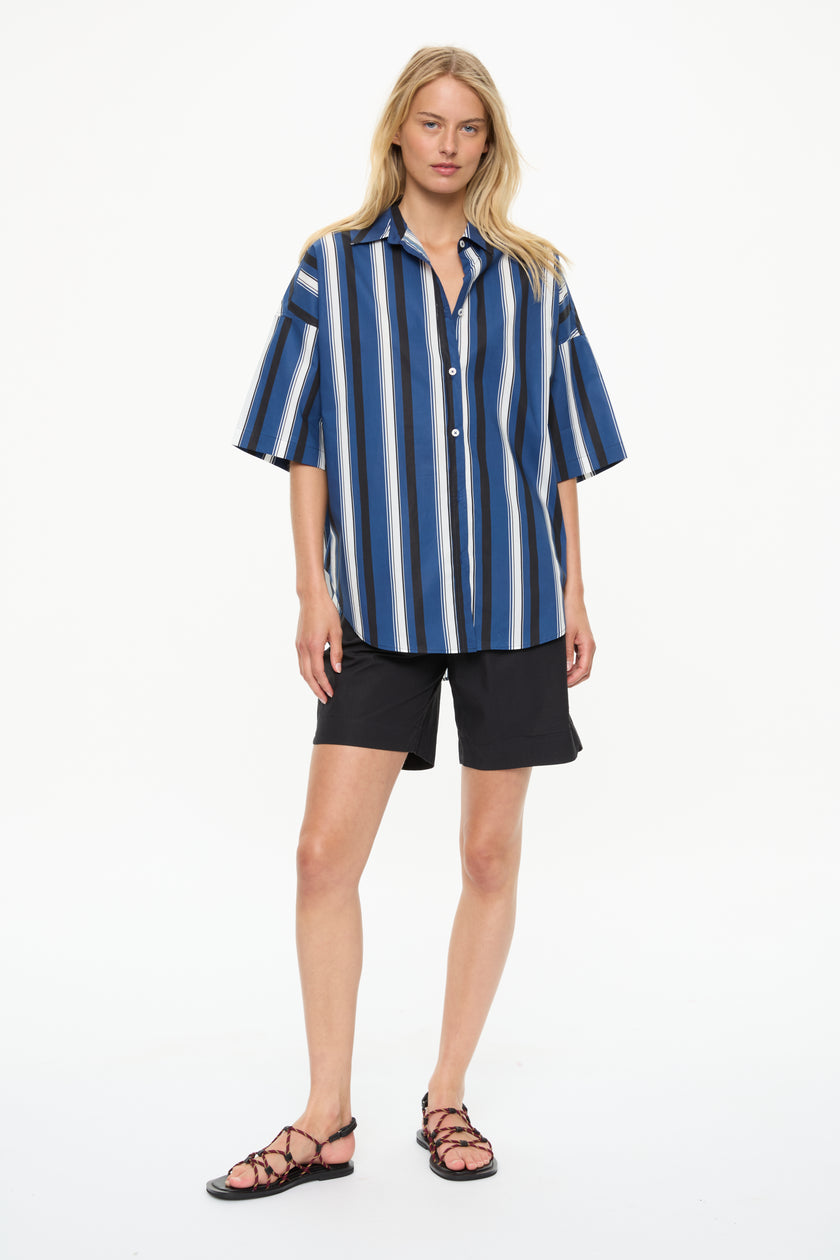 Mara Oversized Short Sleeve Shirt - Stripe Navy/Black/White stripe