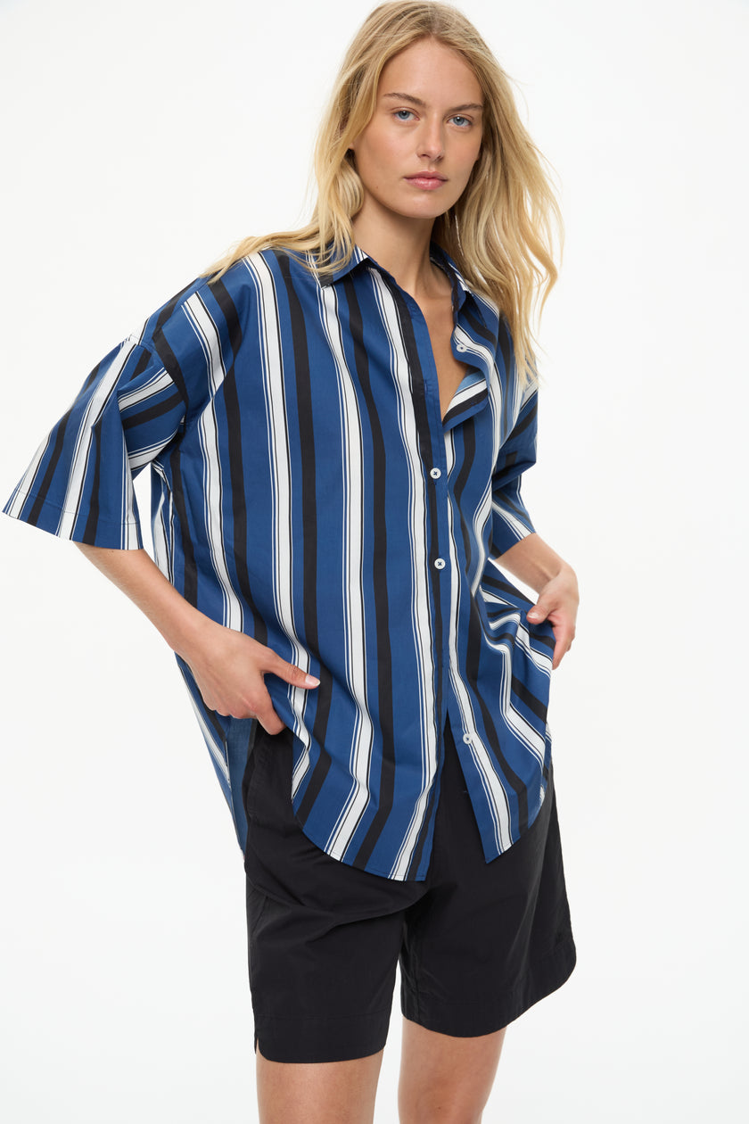 Mara Oversized Short Sleeve Shirt - Stripe Navy/Black/White stripe
