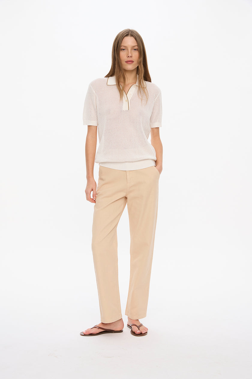 Thea Pointelle Half Sleeve Polo - White + Olive/Limoncello Tipping