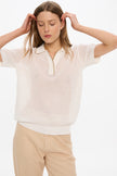 Thea Pointelle Half Sleeve Polo - White + Olive/Limoncello Tipping