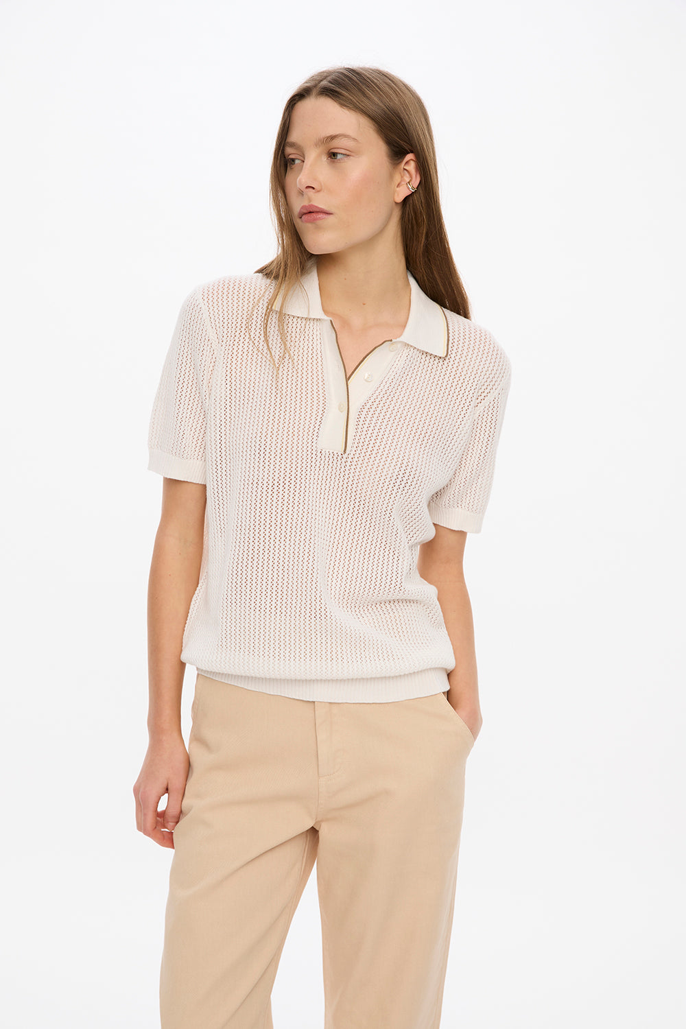 Thea Pointelle Half Sleeve Polo - White + Olive/Limoncello Tipping