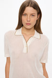 Thea Pointelle Half Sleeve Polo - White + Olive/Limoncello Tipping