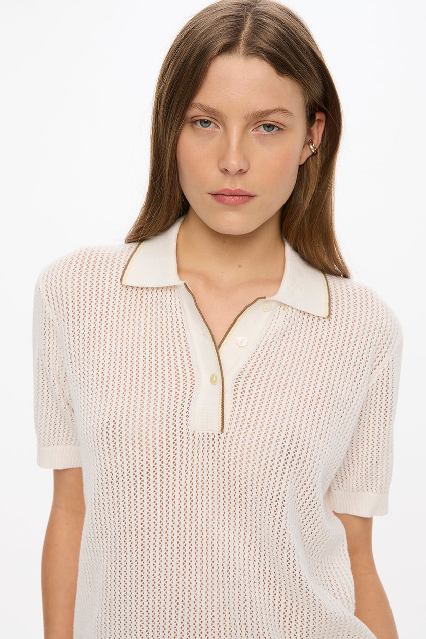 Thea Pointelle Half Sleeve Polo - White + Olive/Limoncello Tipping