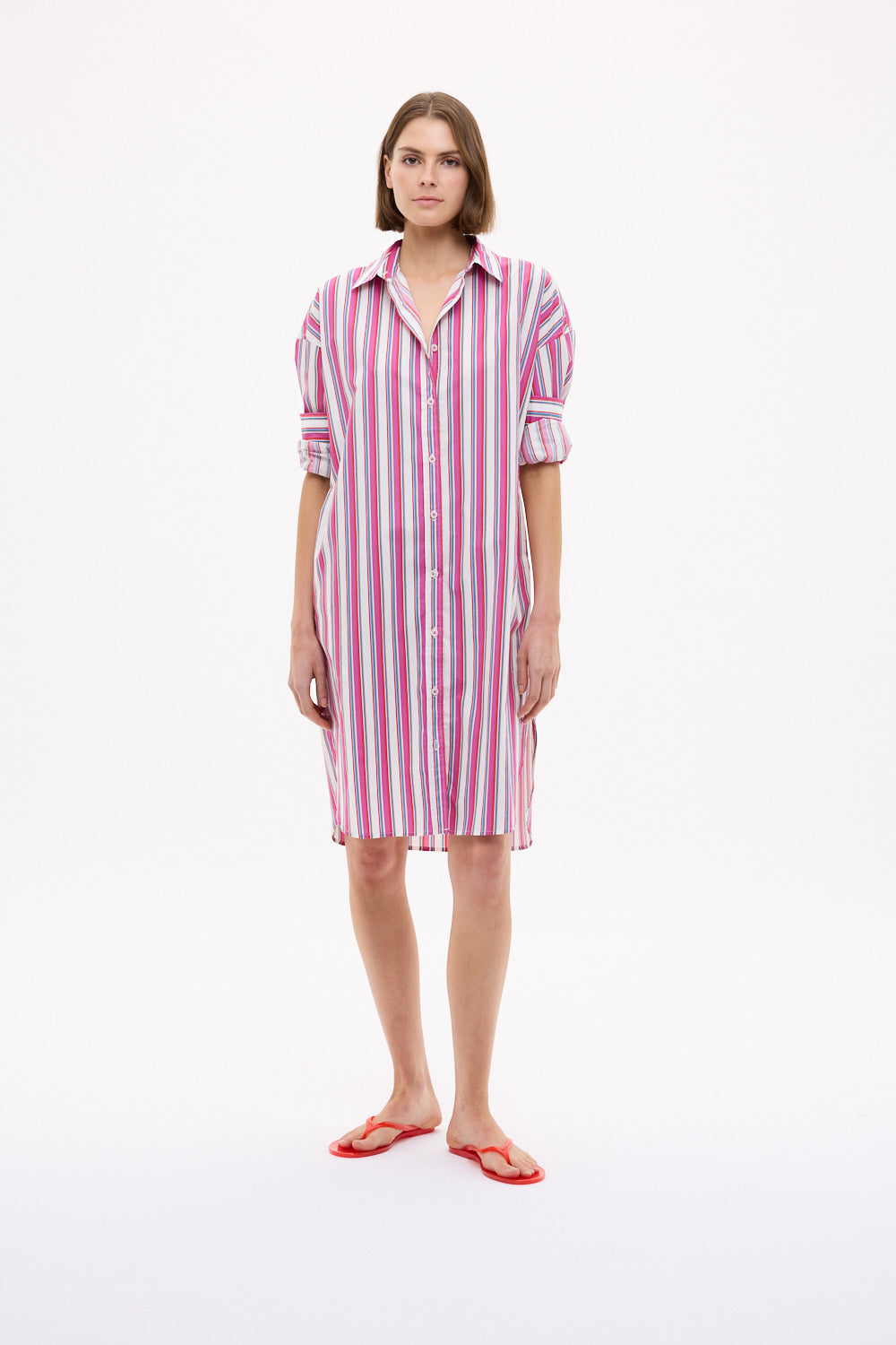 Chiara Long Sleeve Midi Dress Multi Stripe - Fuschia Multi Stripe
