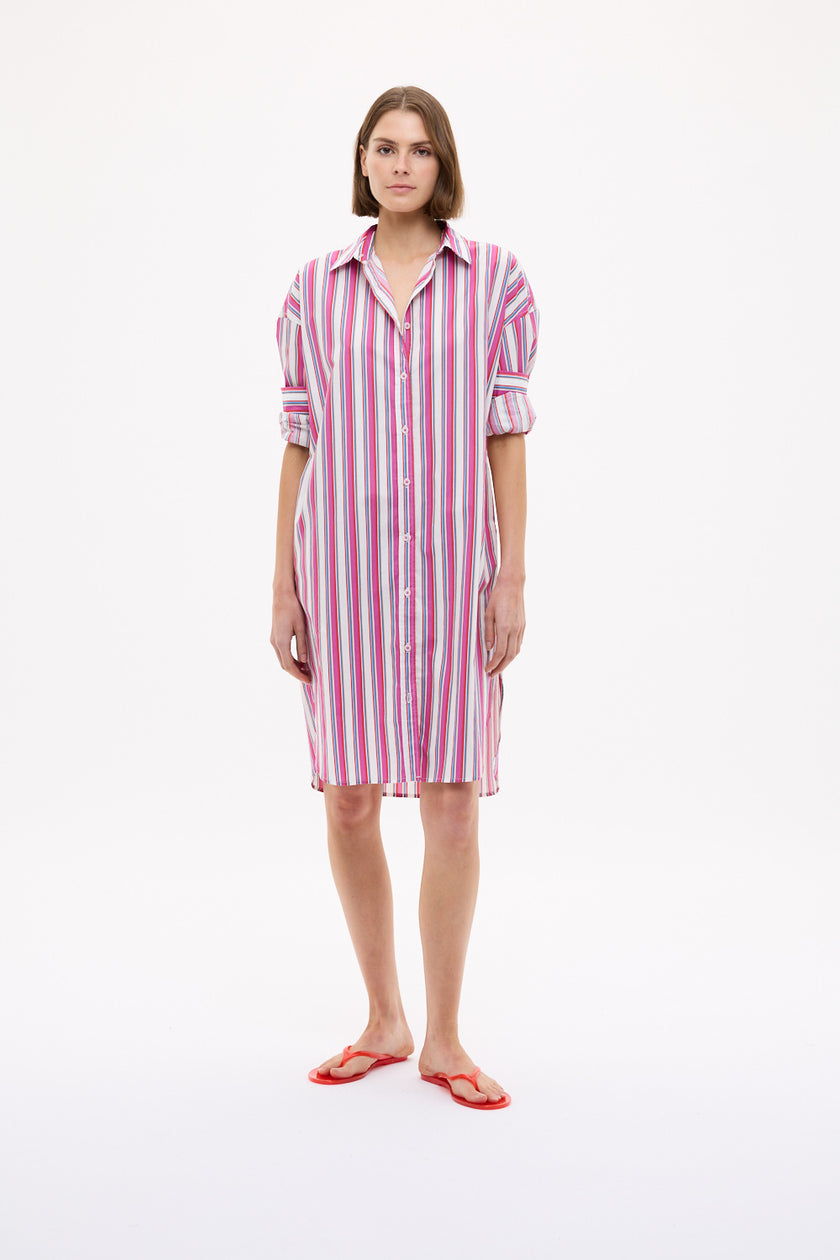 Chiara Long Sleeve Midi Dress Multi Stripe - Fuschia Multi Stripe