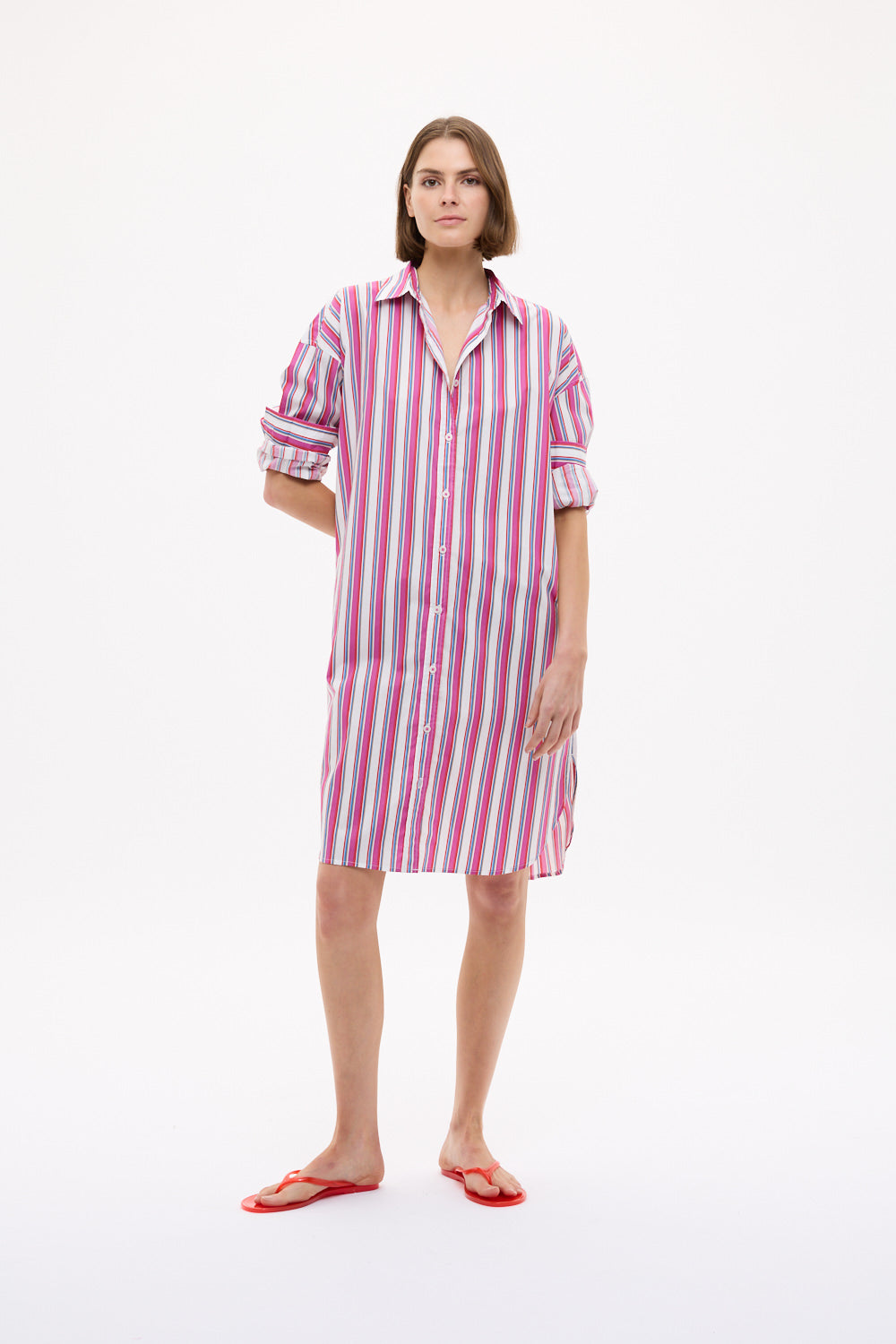 Chiara Long Sleeve Midi Dress Multi Stripe - Fuschia Multi Stripe