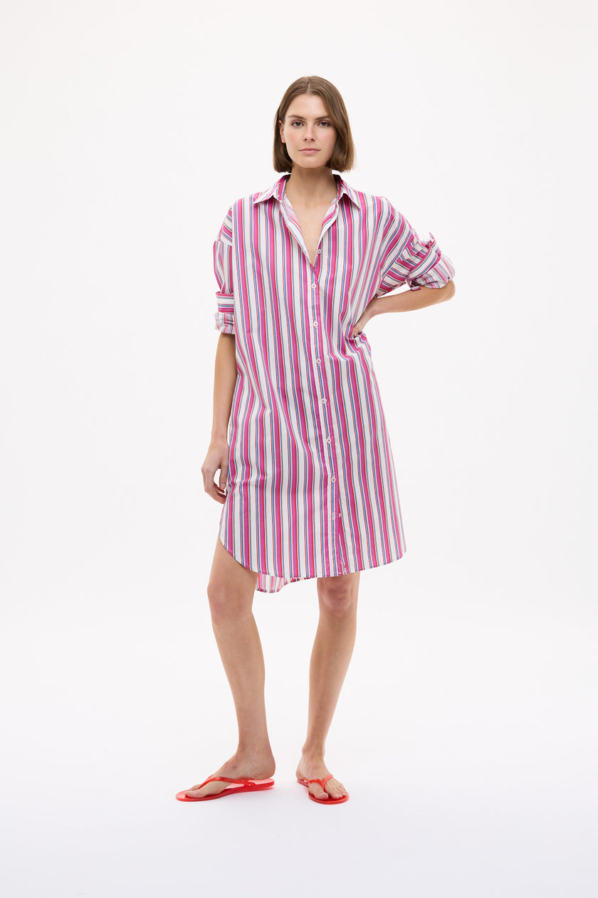 Chiara Long Sleeve Midi Dress Multi Stripe - Fuschia Multi Stripe