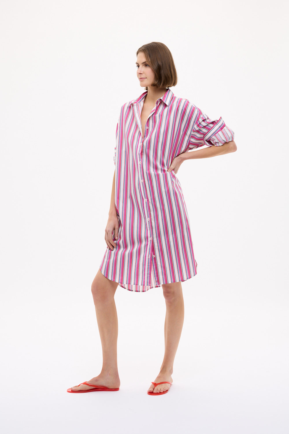 Chiara Long Sleeve Midi Dress Multi Stripe - Fuschia Multi Stripe