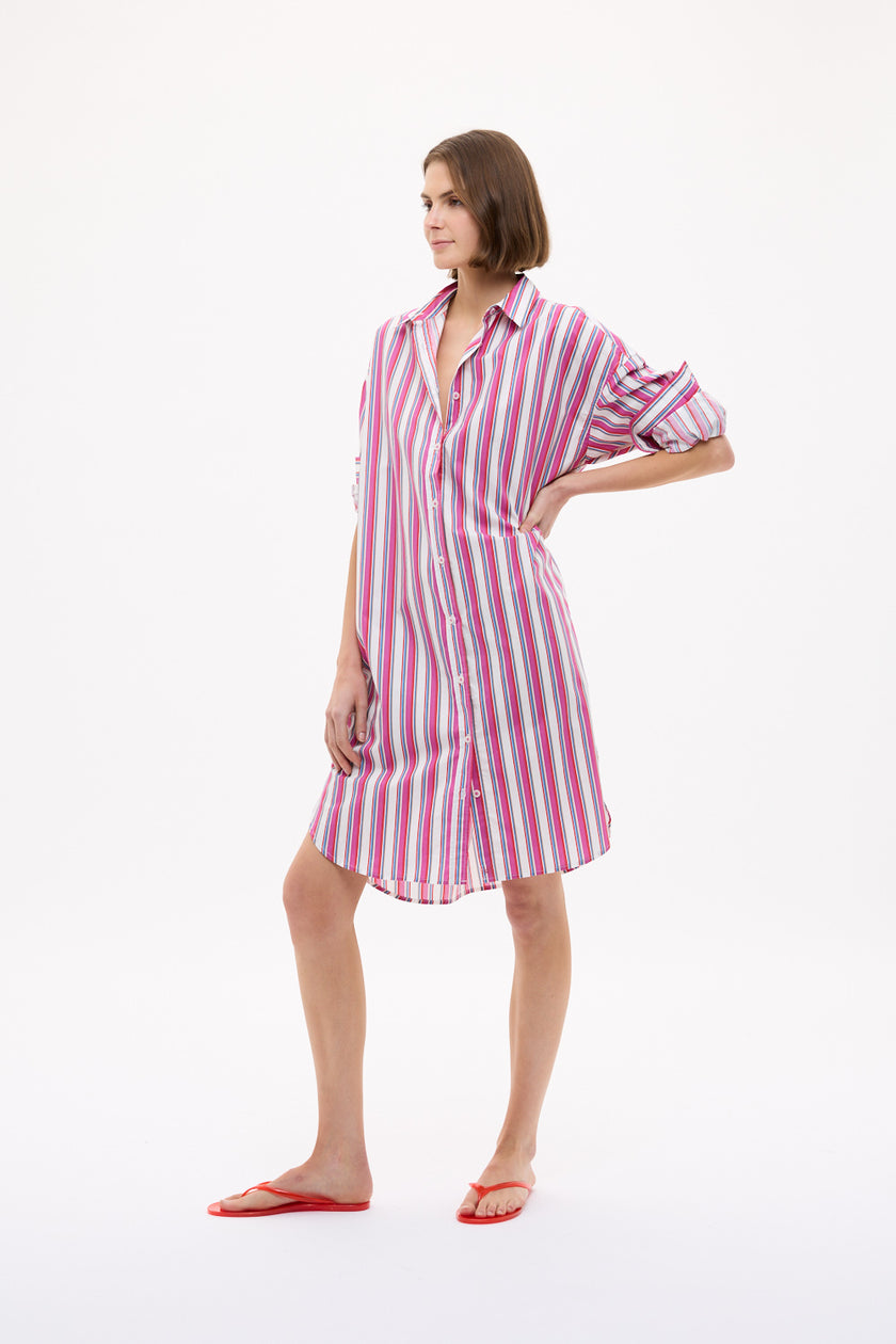 Chiara Long Sleeve Midi Dress Multi Stripe - Fuschia Multi Stripe
