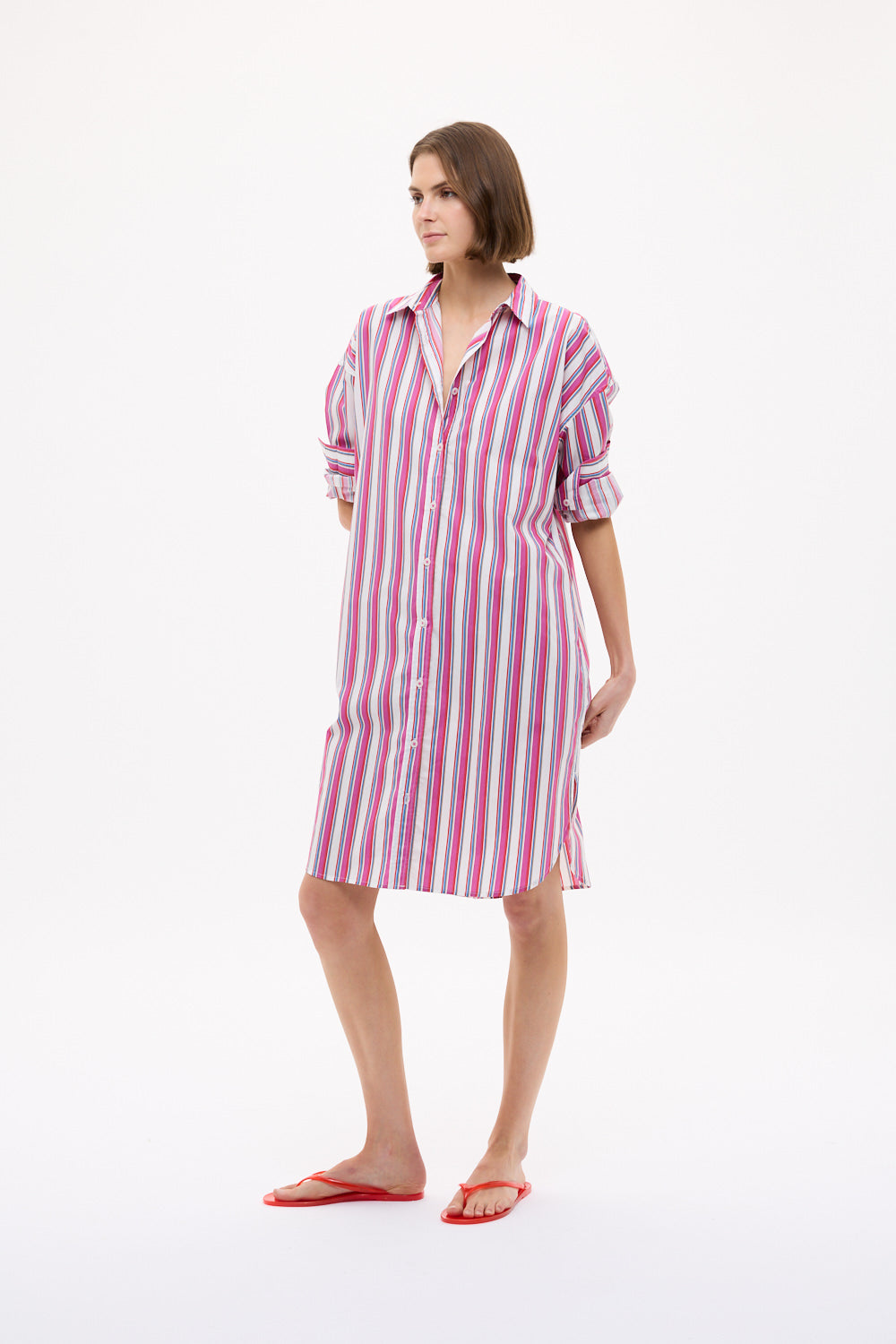 Chiara Long Sleeve Midi Dress Multi Stripe - Fuschia Multi Stripe