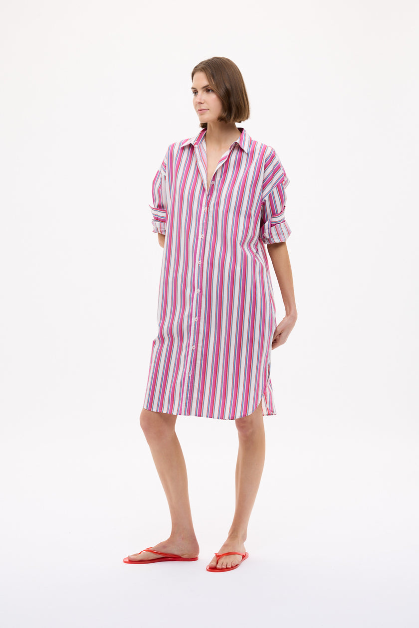 Chiara Long Sleeve Midi Dress Multi Stripe - Fuschia Multi Stripe