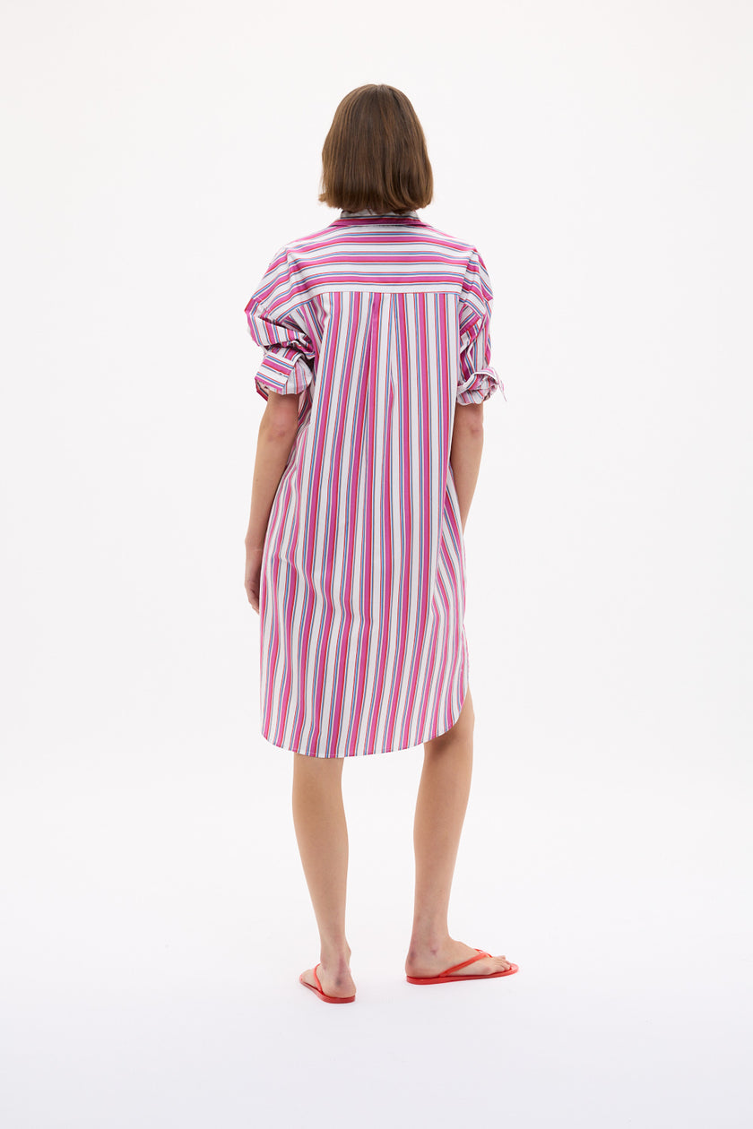 Chiara Long Sleeve Midi Dress Multi Stripe - Fuschia Multi Stripe