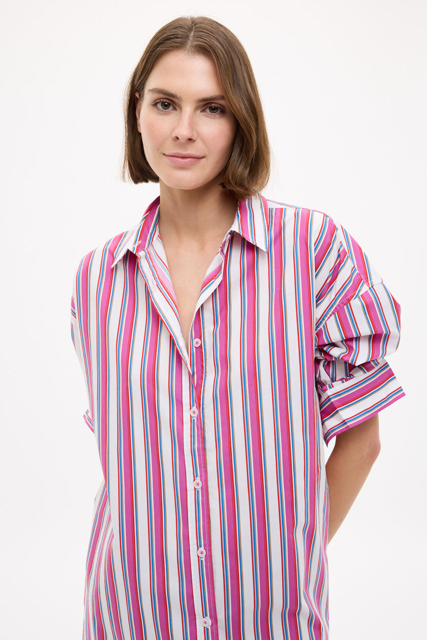 Chiara Long Sleeve Midi Dress Multi Stripe - Fuschia Multi Stripe