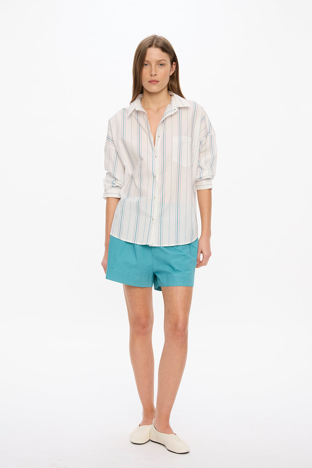 Chiara Long Sleeve Shirt Classic  - Stripes - White/Teal/Bubble Gum