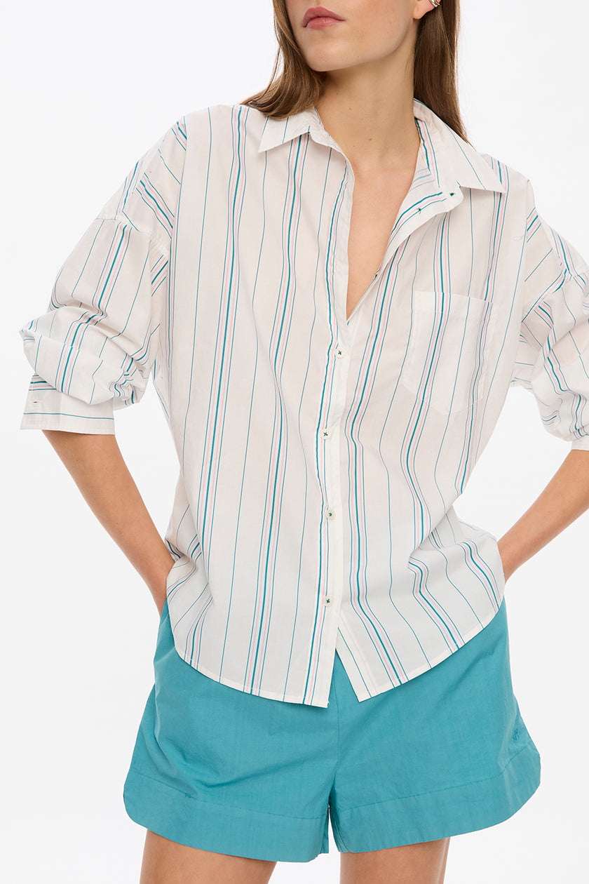 Chiara Long Sleeve Shirt Classic  - Stripes - White/Teal/Bubble Gum