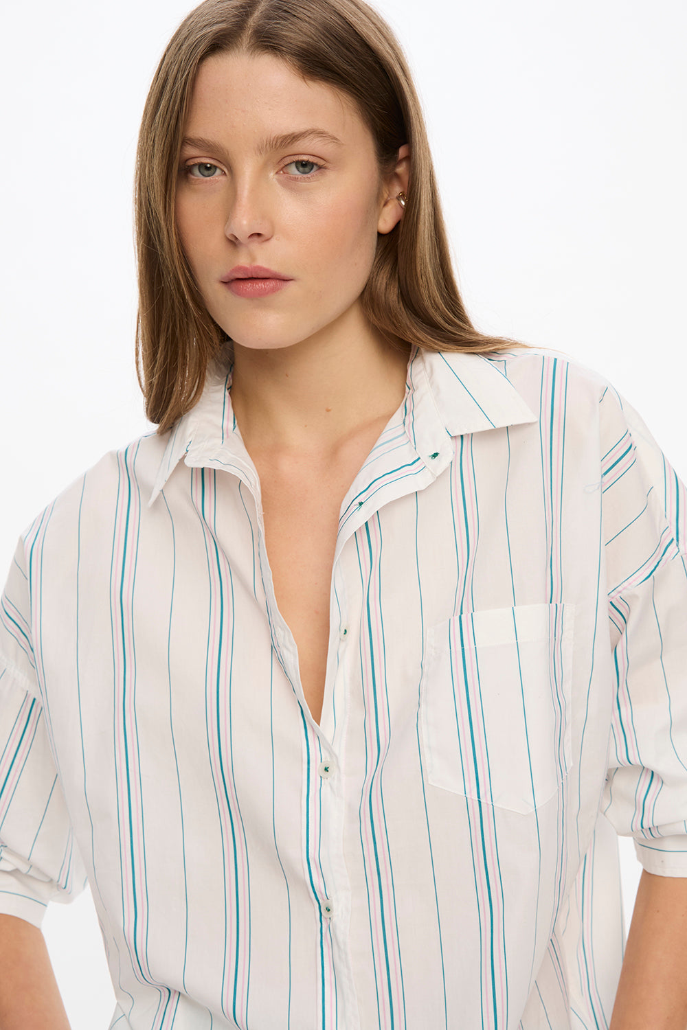 Chiara Long Sleeve Shirt Classic  - Stripes - White/Teal/Bubble Gum
